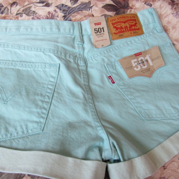 Levi's 501 Women Shorts Color:Aqua sz.30 Cuffed Button Denim - Picture 4 of 5